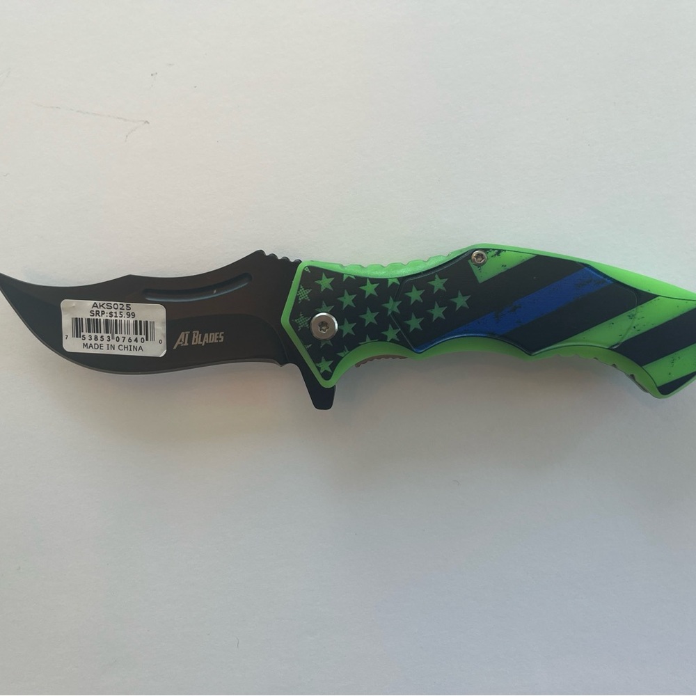 Folding Pocket Knife with Blue Thin Line American Flag Design 3.5” Blade
